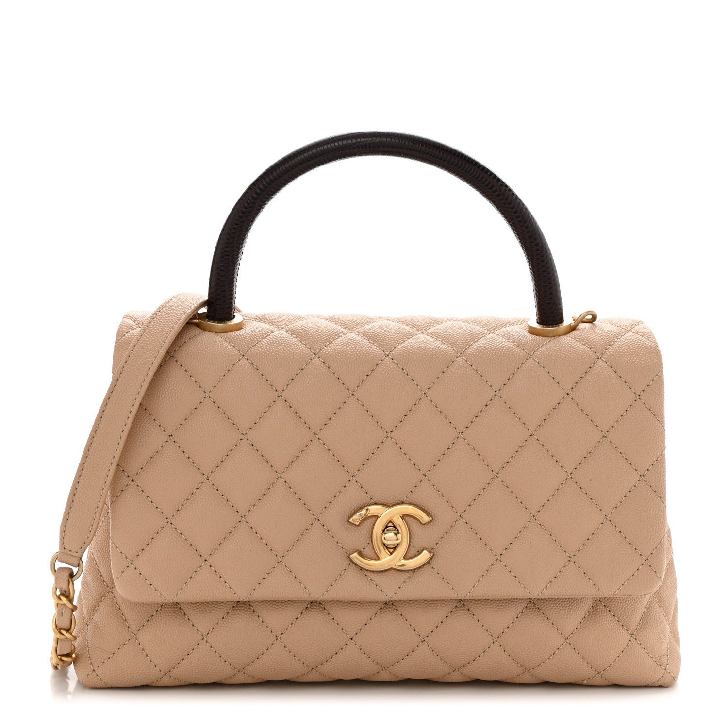 Caviar Lizard Embossed Quilted Small Coco Handle Flap Beige