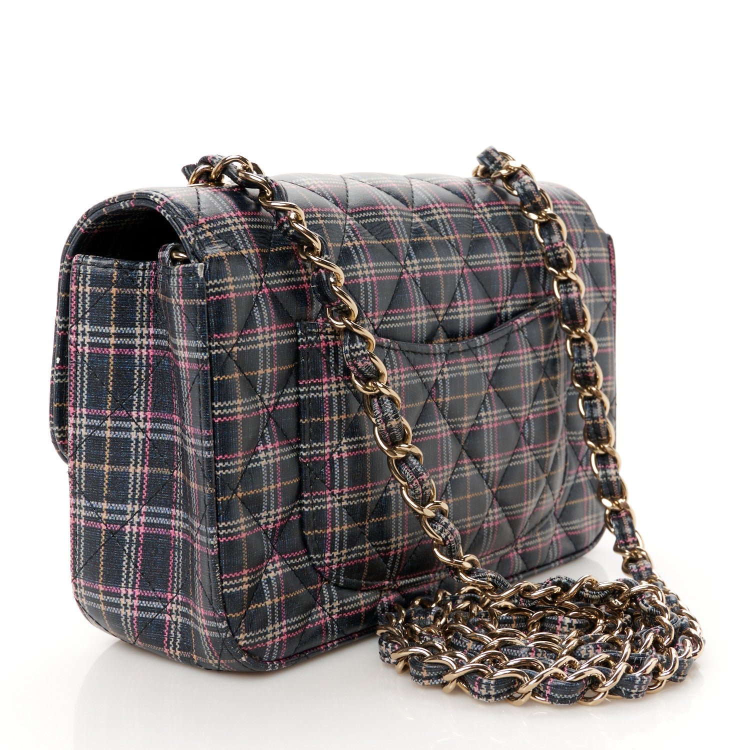 Calfskin Quilted Plaid Printed Small Single Flap Navy Multicolor - Image 3