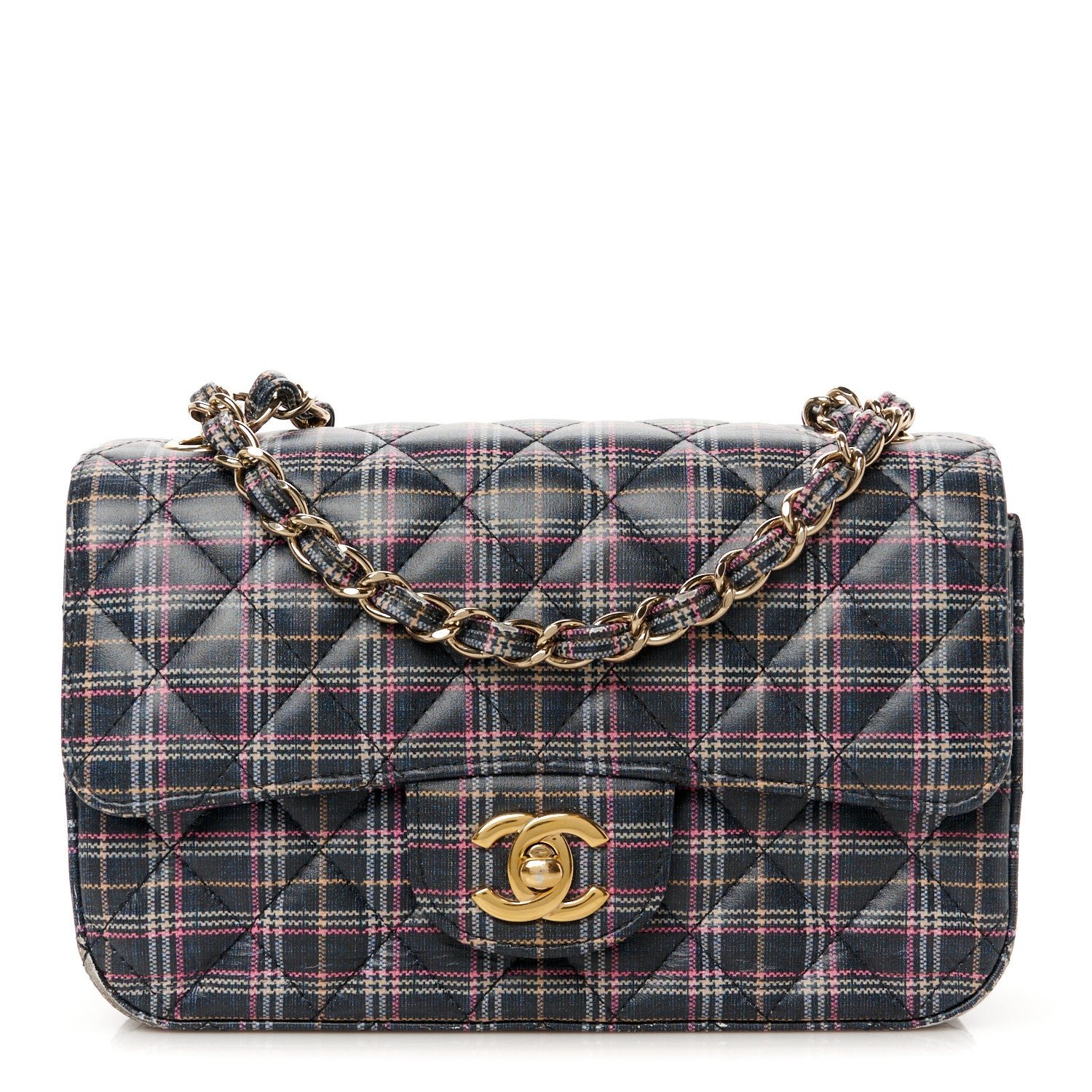 Calfskin Quilted Plaid Printed Small Single Flap Navy Multicolor