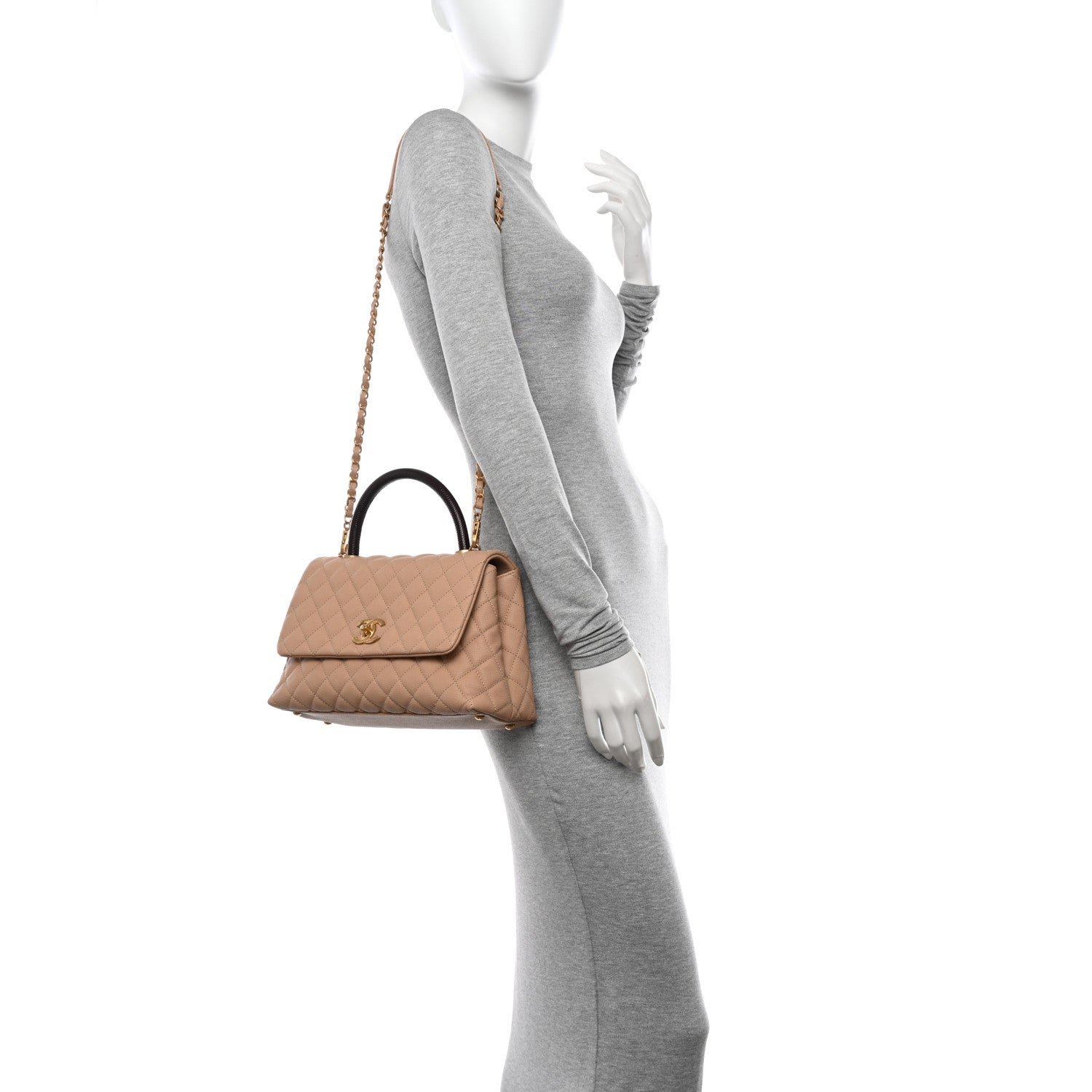 Caviar Lizard Embossed Quilted Small Coco Handle Flap Beige - Image 3