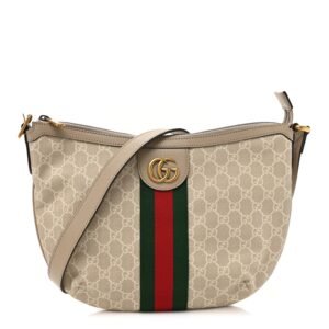 GG Supreme Monogram Textured Dollar Calfskin Web Small Ophidia Half Moon Hobo Beige Mystic White Oatmeal