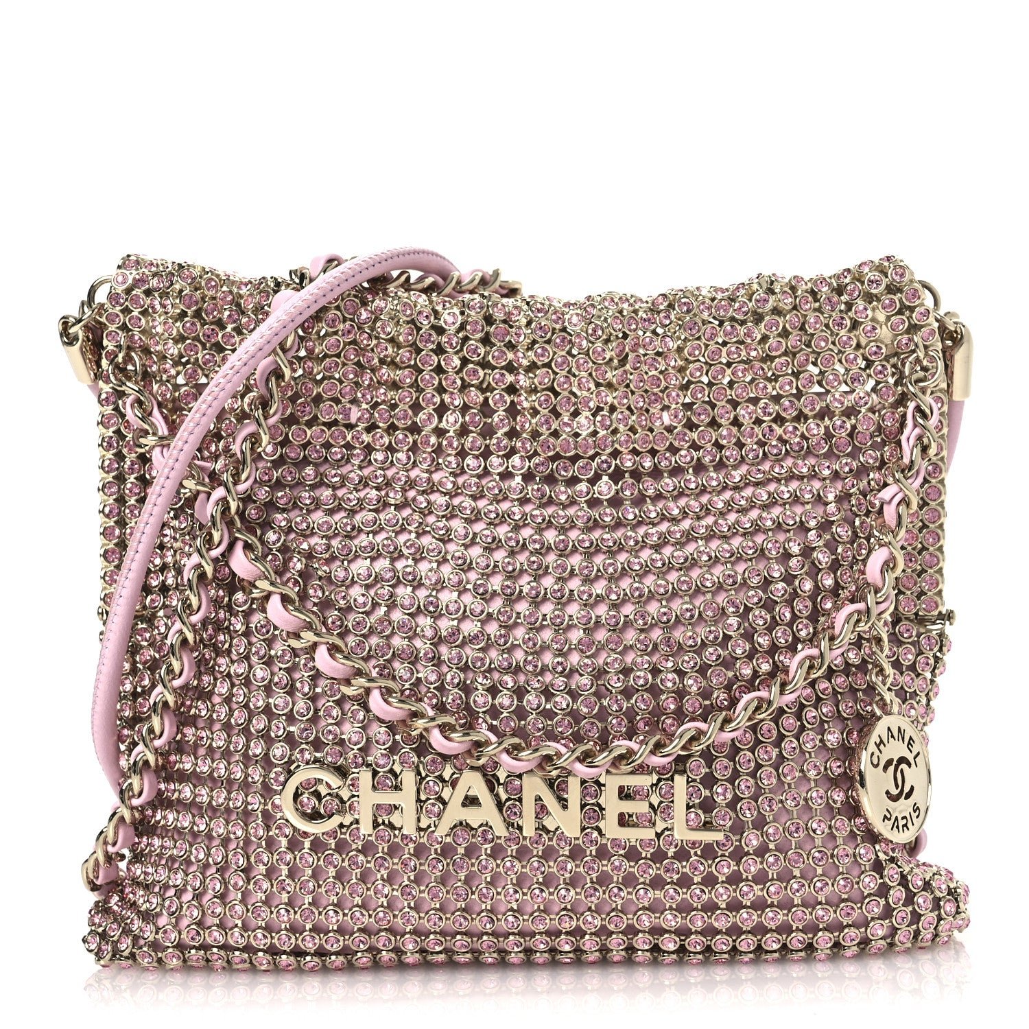 Crystal Embellished Metallic Lambskin Mini Chanel 22 Pink