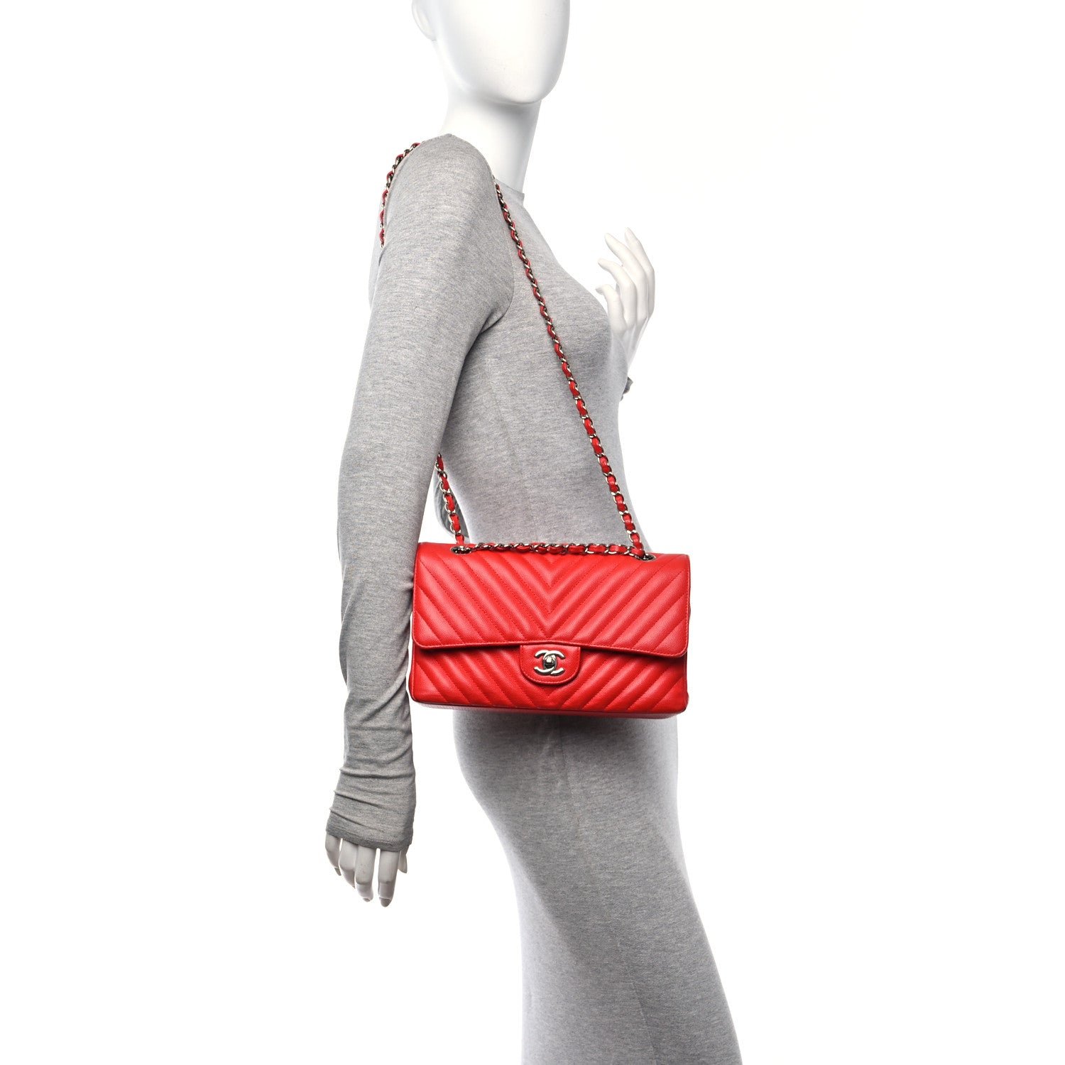 Caviar Chevron Quilted Medium Double Flap Red - Image 3