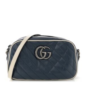 Vintage Effect Calfskin Matelasse Diagonal Small Torchon GG Marmont Chain Shoulder Bag Blue Agata Mystic White