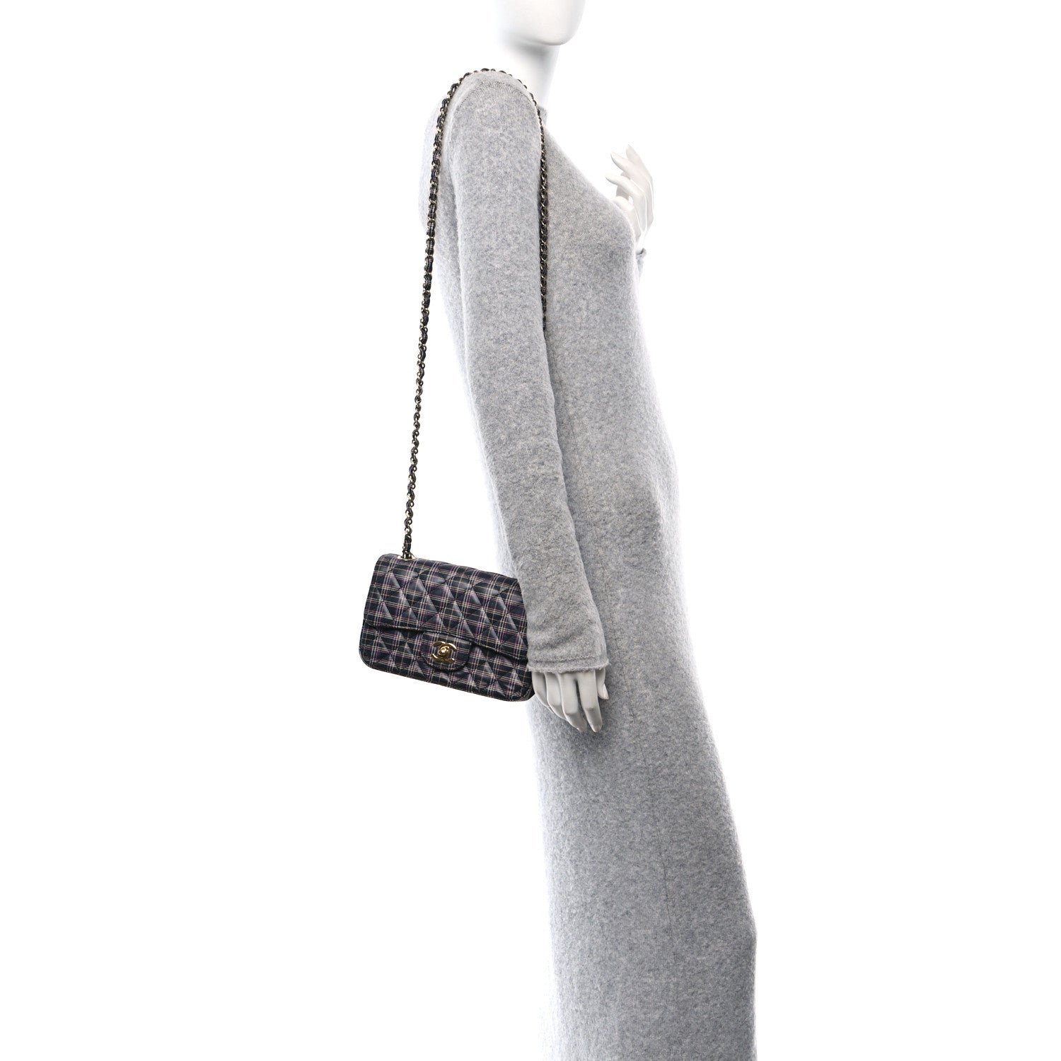 Calfskin Quilted Plaid Printed Small Single Flap Navy Multicolor - Image 2