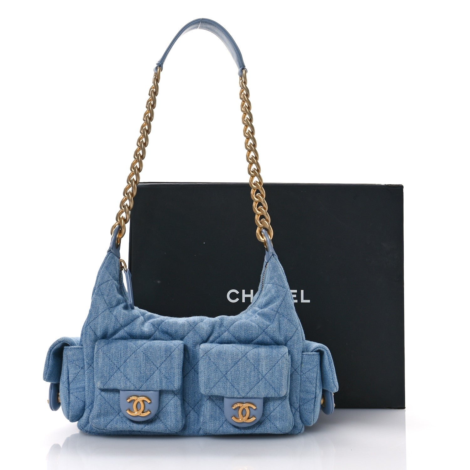 Washed Denim Quilted Cargo Large Hobo Light Blue - Image 11