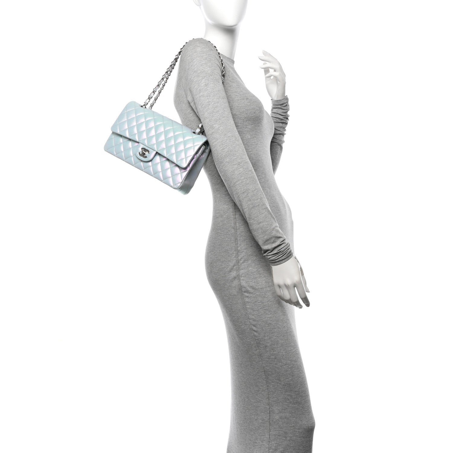 Iridescent Calfskin Quilted Medium Double Flap Light Blue - Image 2