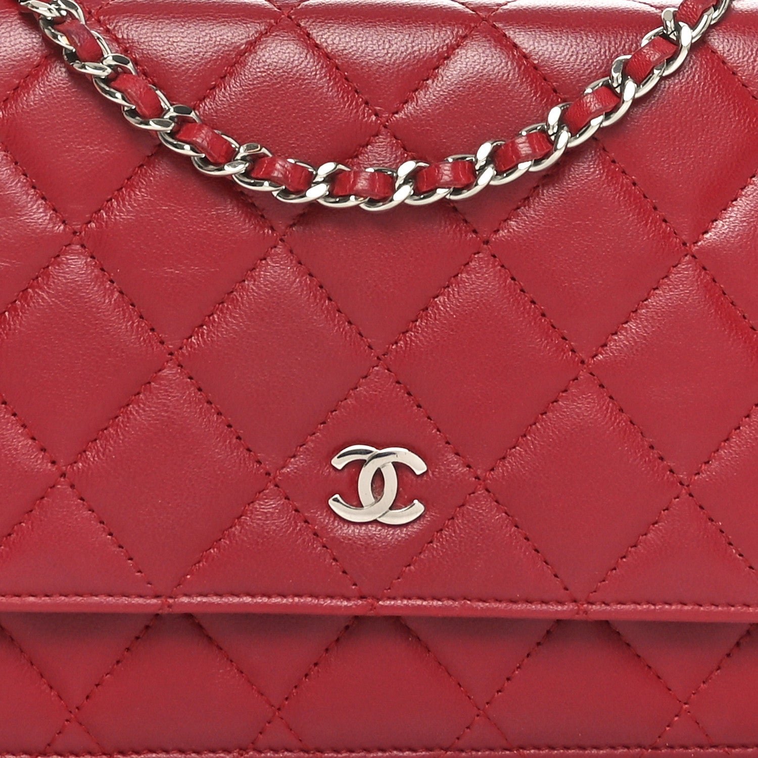 Lambskin Quilted Wallet On Chain WOC Red - Image 9