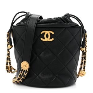 Caviar Quilted Twist Your Buttons Bucket Bag Black