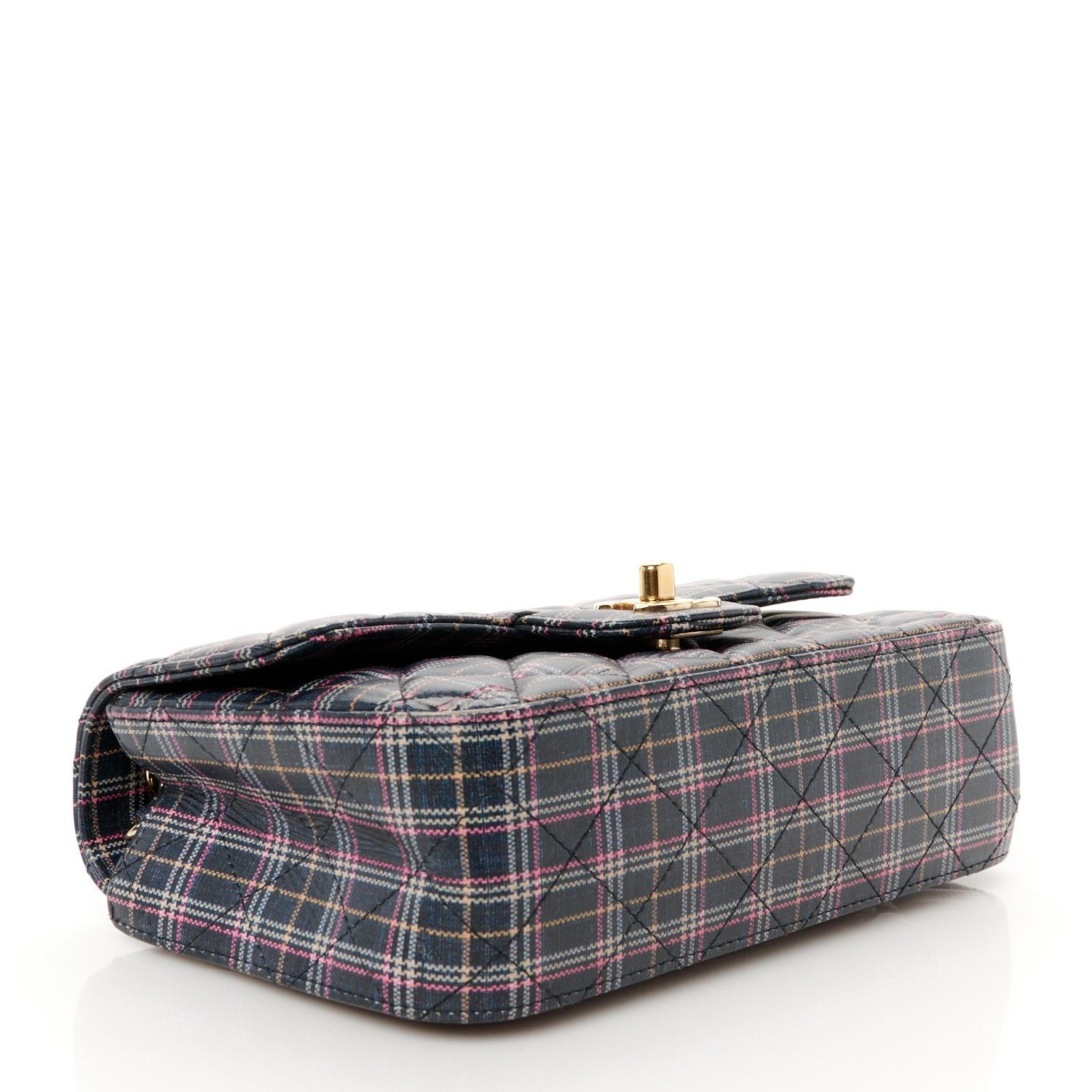 Calfskin Quilted Plaid Printed Small Single Flap Navy Multicolor - Image 4