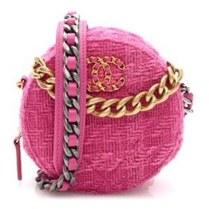 Wool Tweed Lambskin Quilted Chanel 19 Round Clutch With Chain and Coin Purse Fuchsia