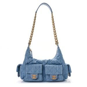 Washed Denim Quilted Cargo Large Hobo Light Blue