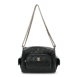 Shiny Crumpled Lambskin Quilted Medium Preppy Pocket Camera Case Black