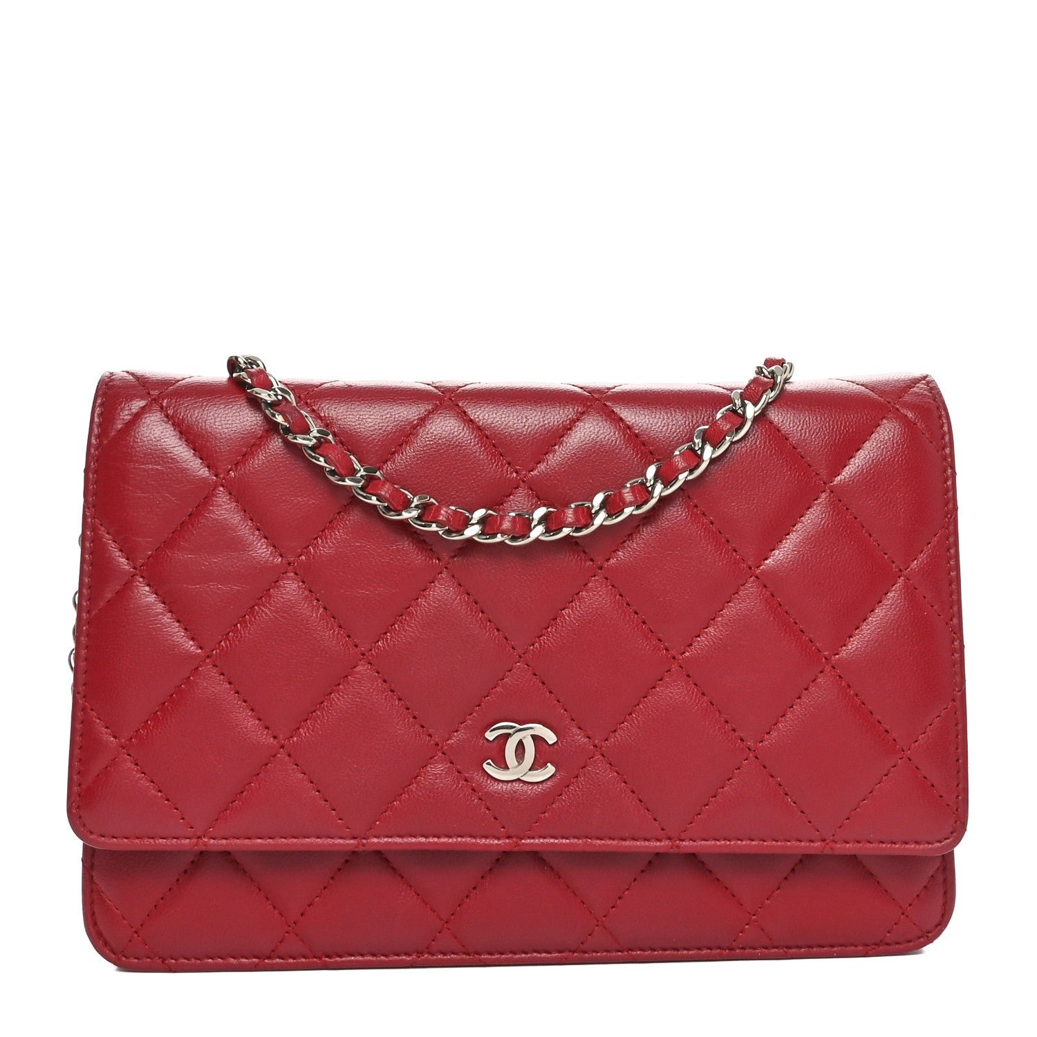 Lambskin Quilted Wallet On Chain WOC Red