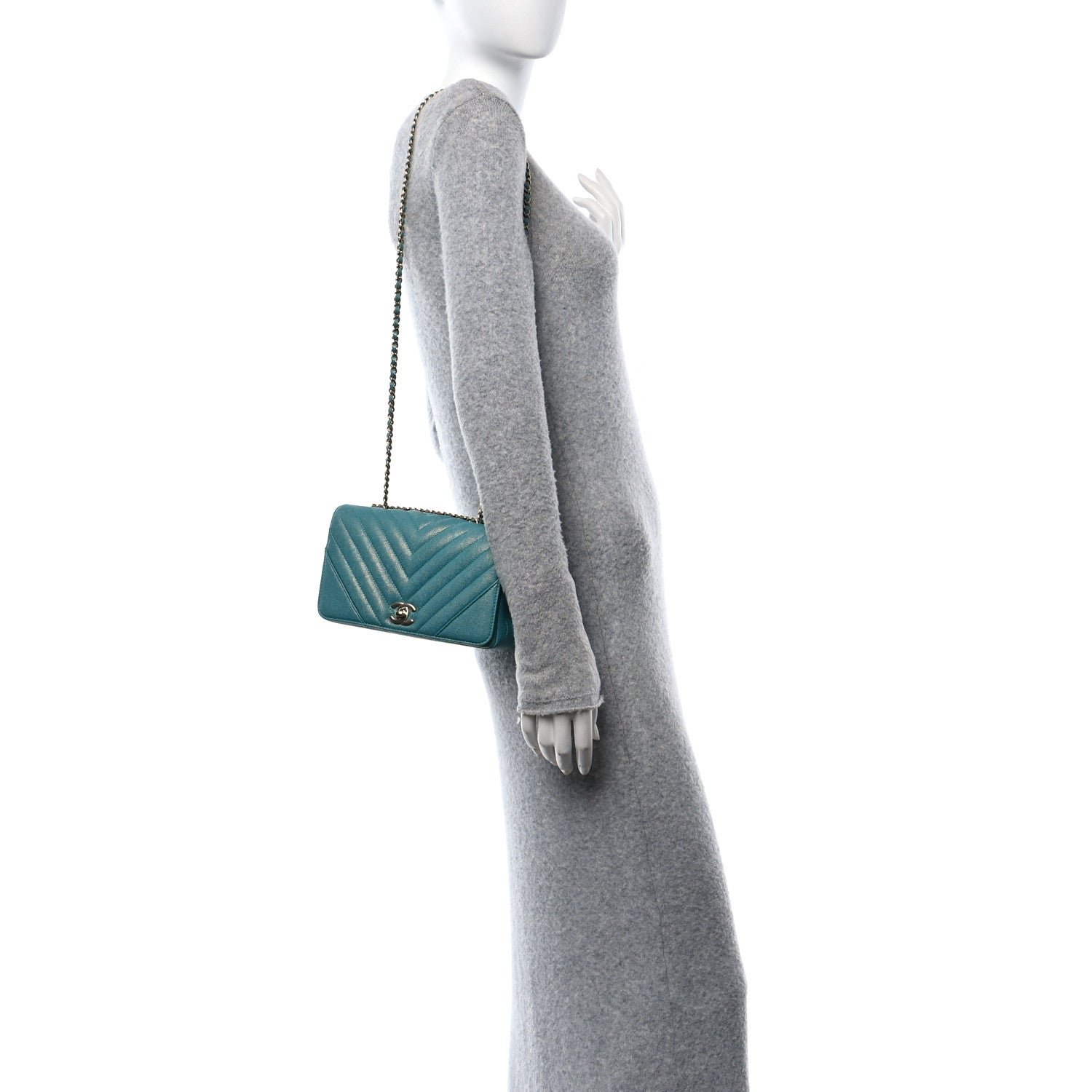 Metallic Caviar Chevron Quilted Small Statement Flap Turqouise - Image 2