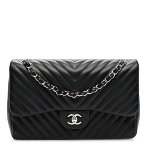 Lambskin Chevron Quilted Jumbo Double Flap Black