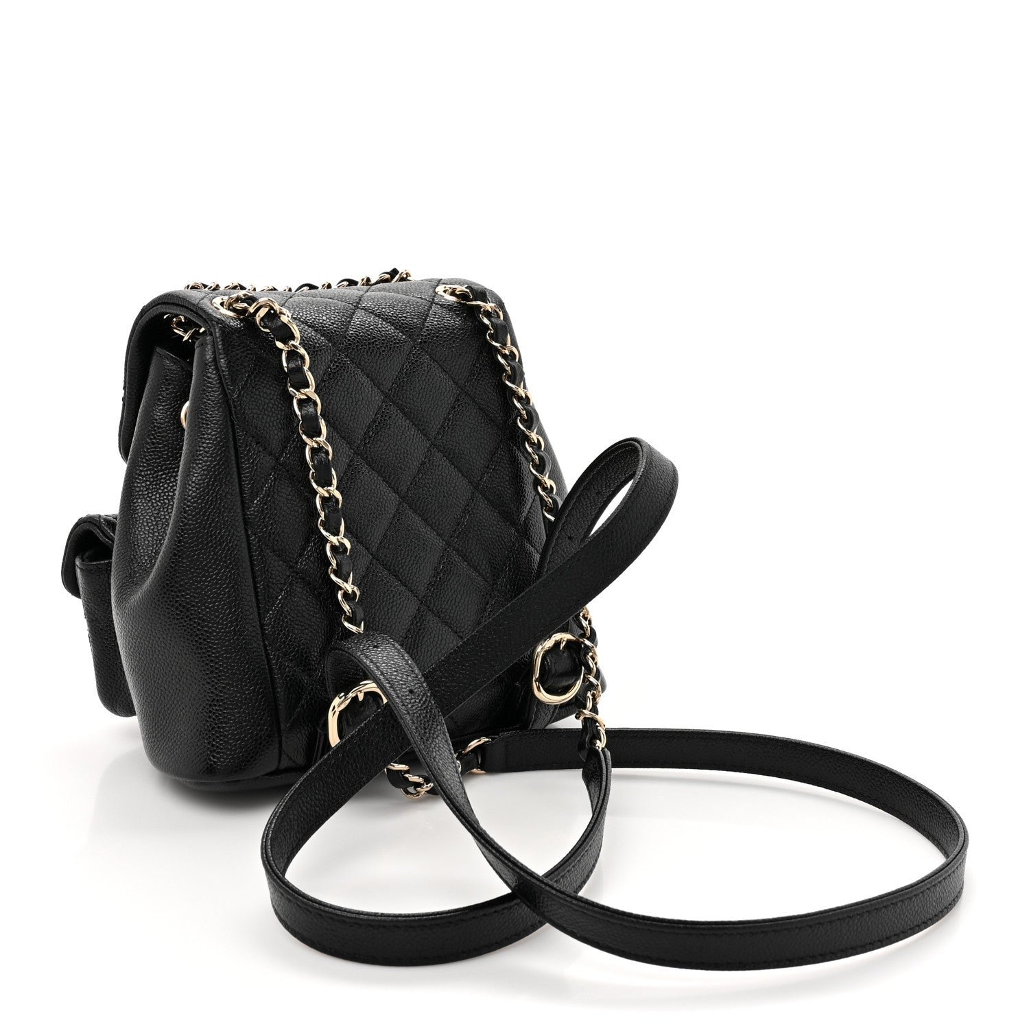 Shiny Caviar Quilted Small Duma Pockets Drawstring Backpack Black - Image 2