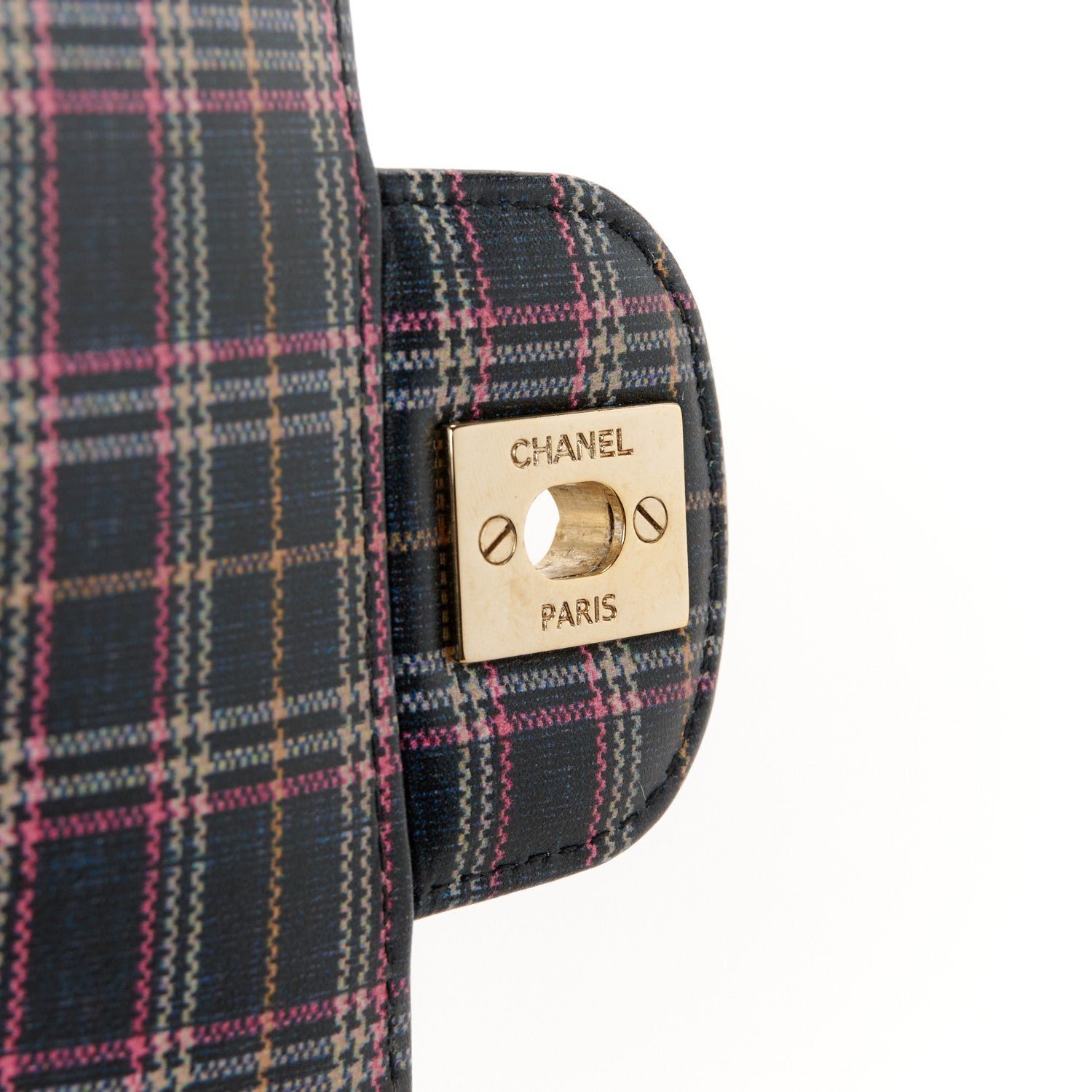 Calfskin Quilted Plaid Printed Small Single Flap Navy Multicolor - Image 6