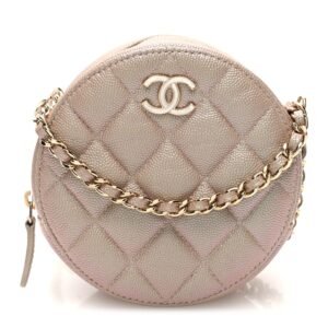 Iridescent Caviar Resin Quilted Round Clutch With Chain Beige
