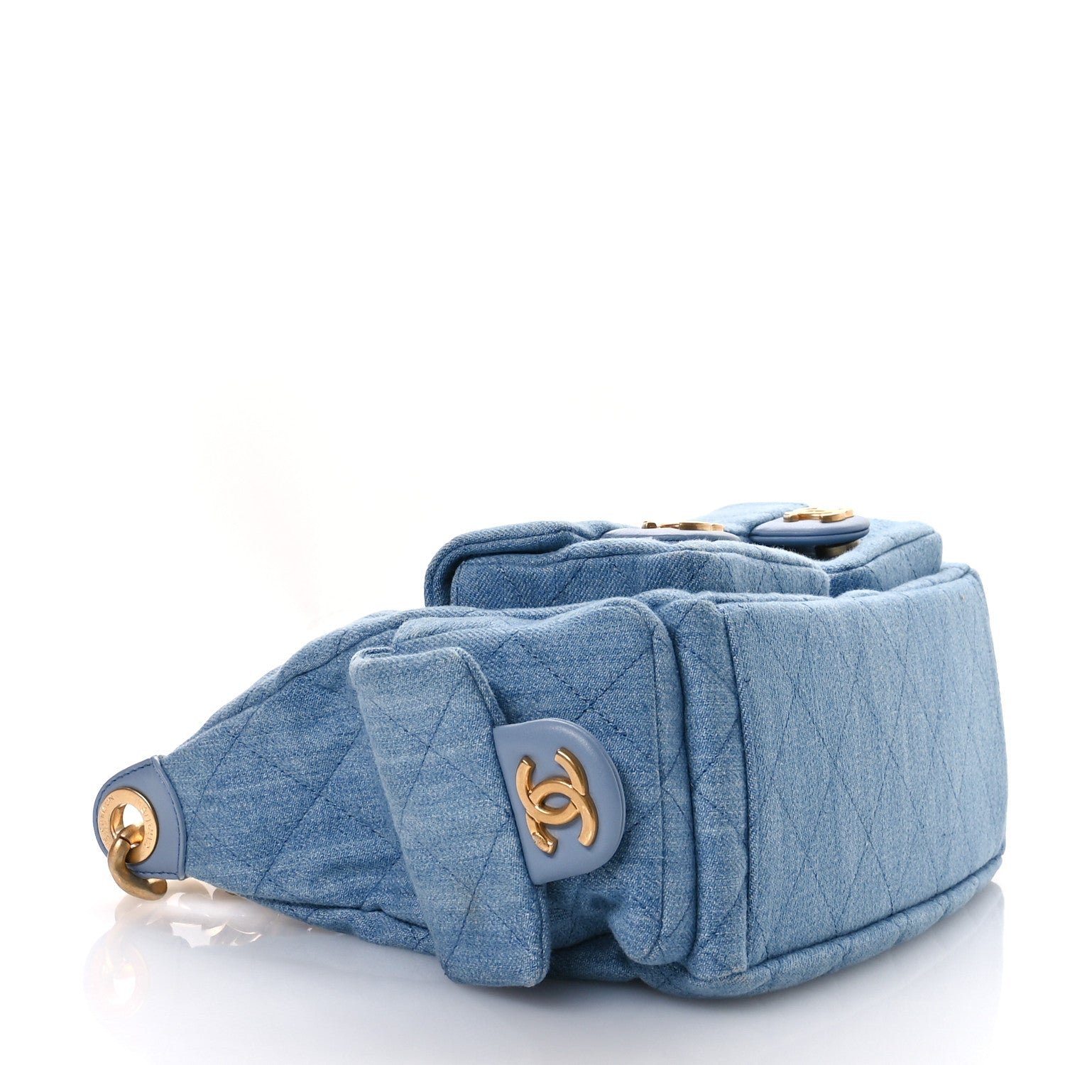 Washed Denim Quilted Cargo Large Hobo Light Blue - Image 4